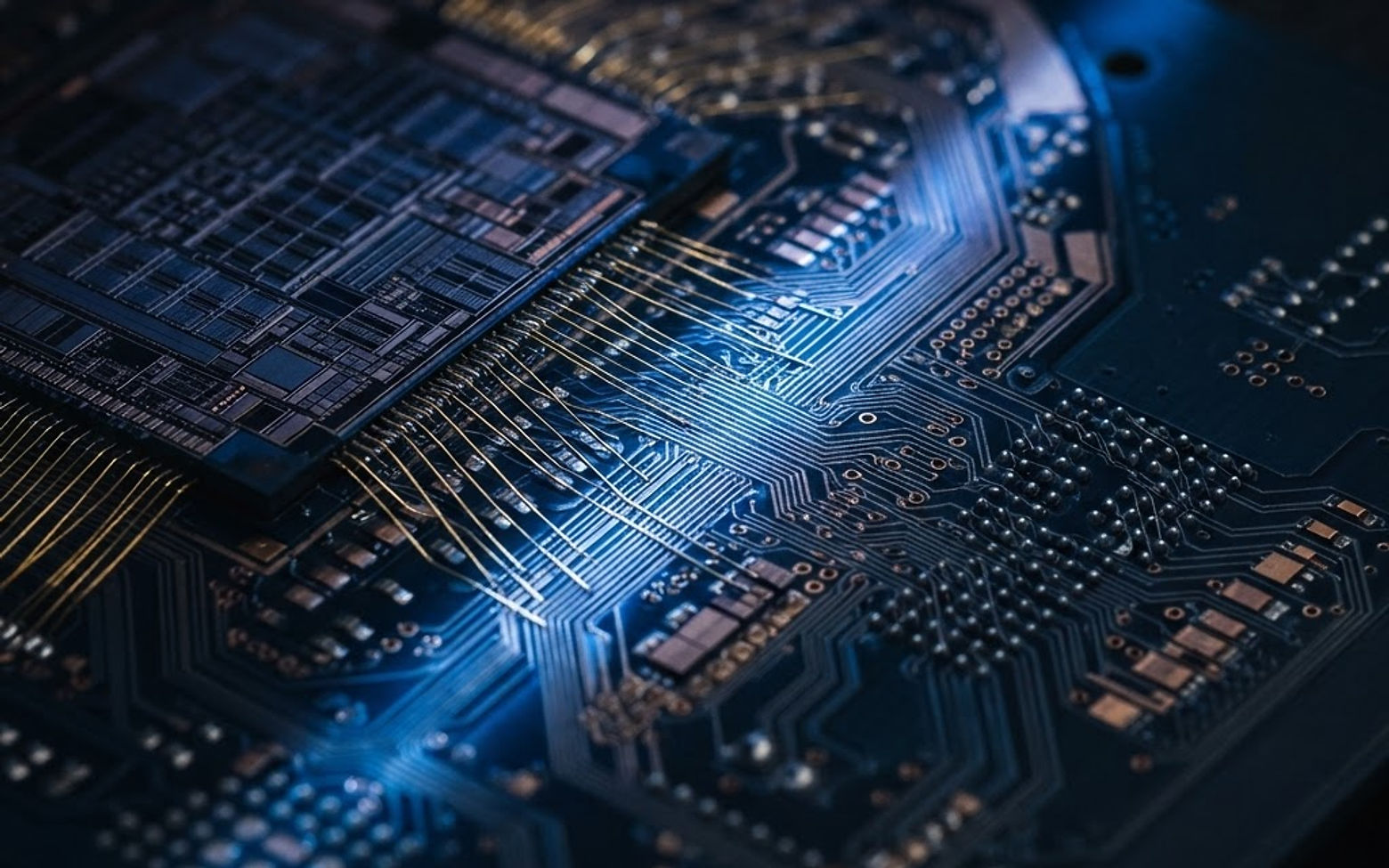 Macro view of precision-engineered silicon and circuitry — Onectus builds technology at its foundations