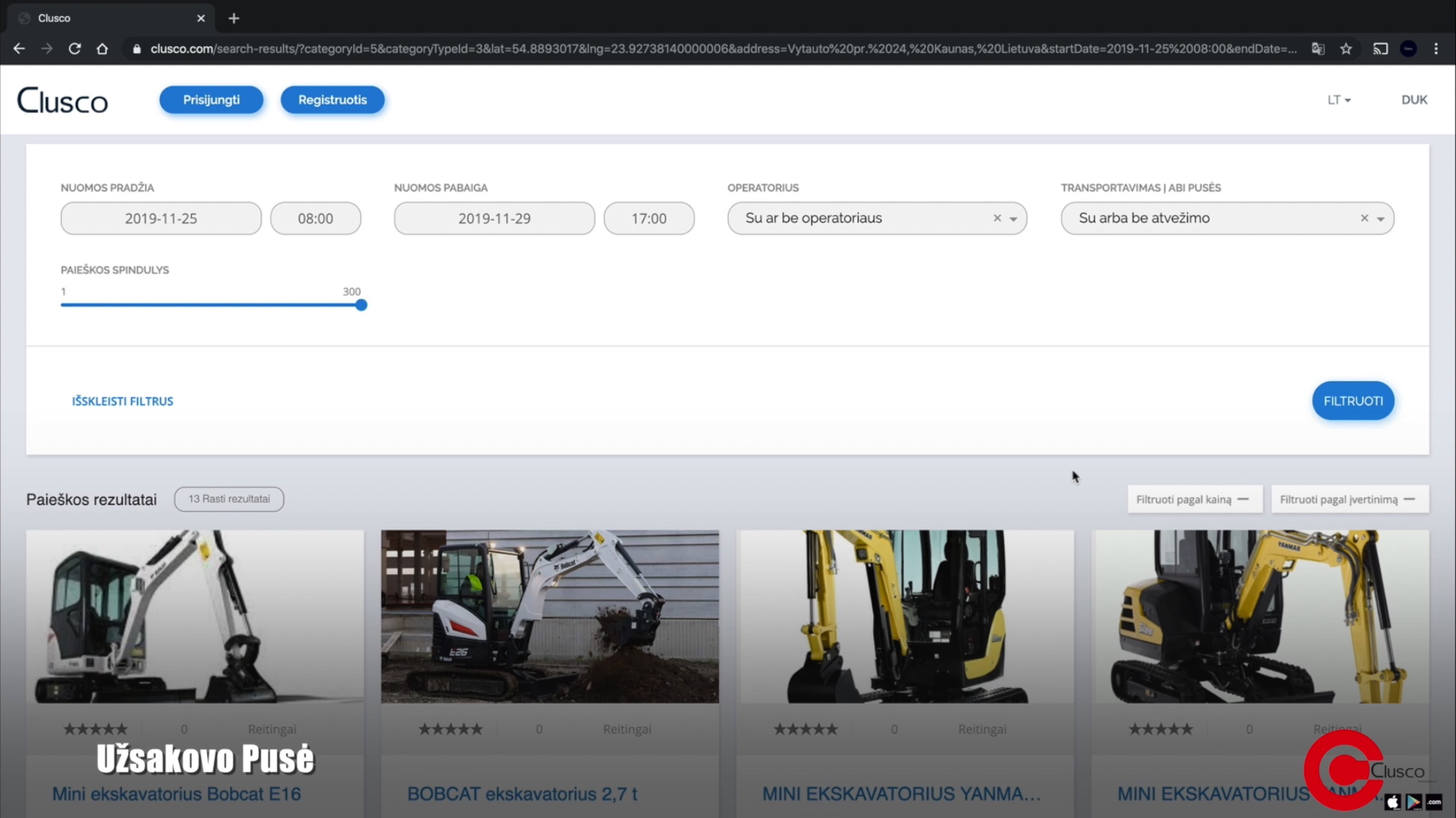 Original Clusco excavator equipment-rental search-results screen, 2019