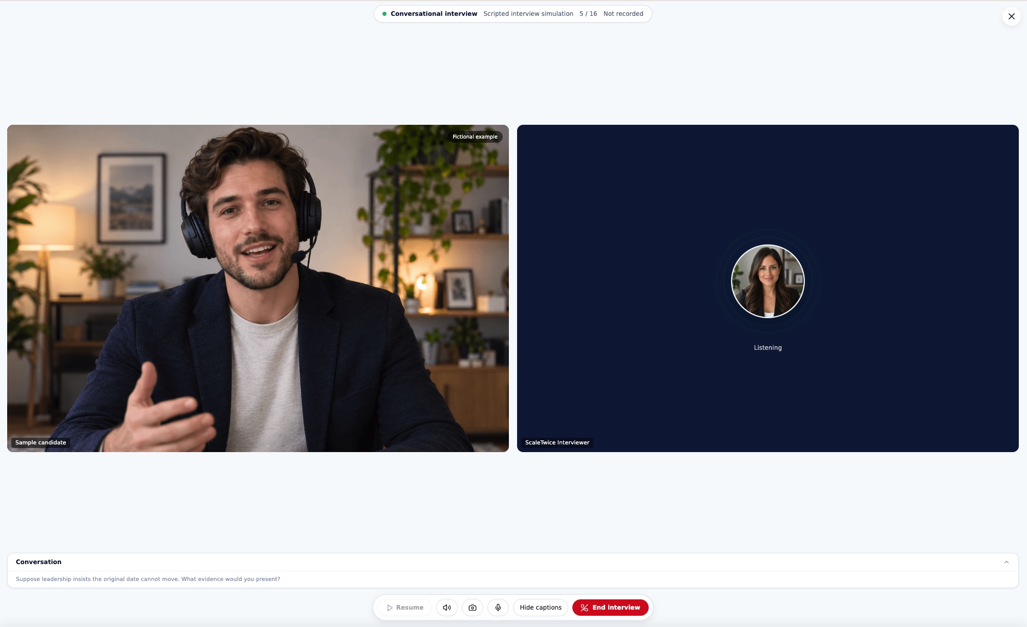ScaleTwice conversational interview interface with candidate video, AI interviewer and interview controls